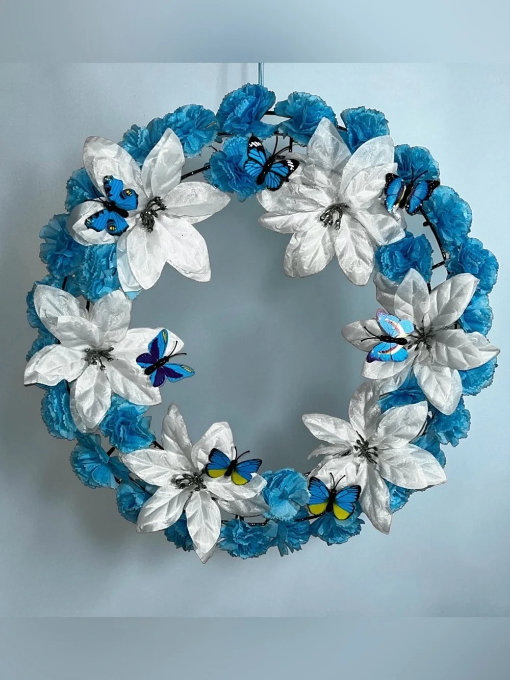 Blue & White Holiday Wreath with Butterfly Accents Hand Crafted